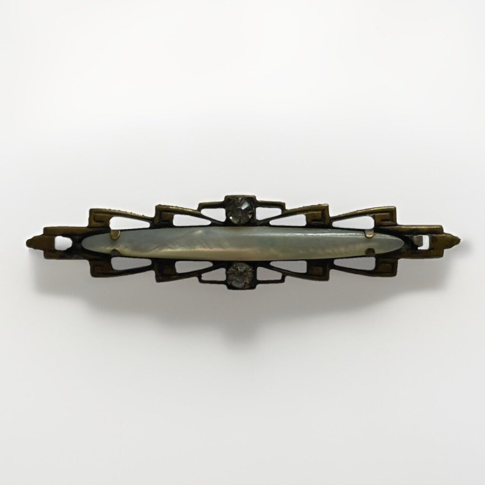 Antique Art Deco Mop Bar Pin Brooch Clear Stones Mother Of Pearl C Clasp - Picture 8 of 8